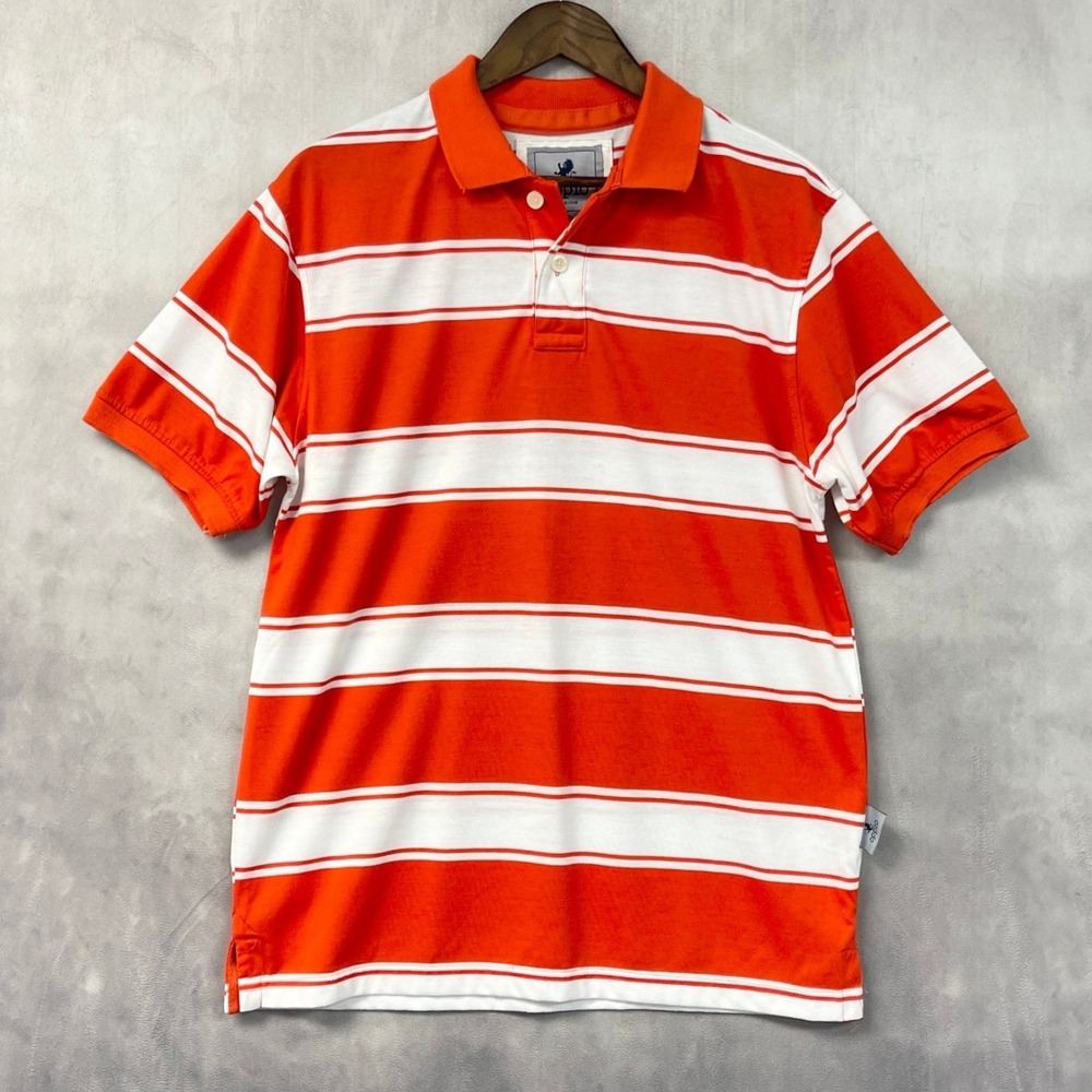 Oppio Mens Polo Shirt Size L Orange White Striped Short Sleeve Preppy Coastal